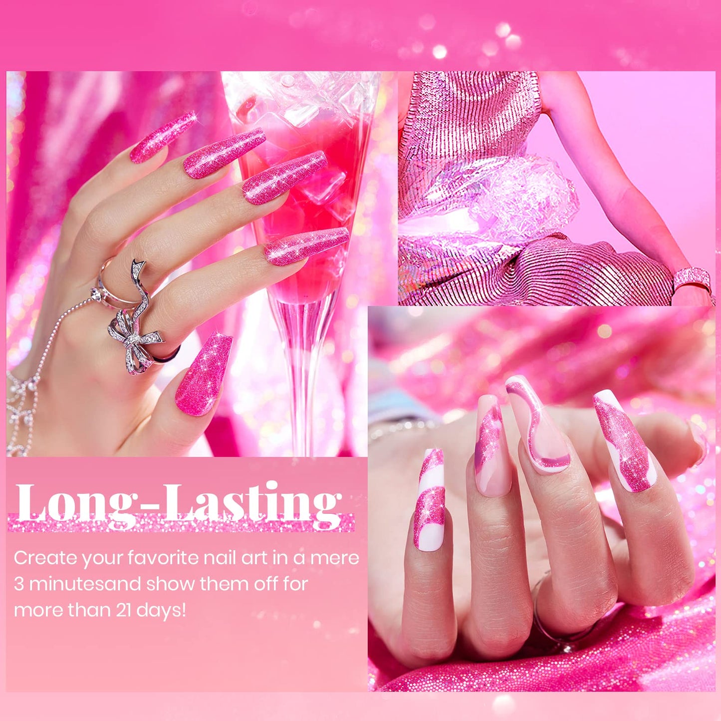Beetles Reflective Gel Nail Polish Pink Gel Polish, 15ML Hot Pink Glitter Diamond Gel Color Soak Off Sparkle Gel Polish UV Nail Lamp Nail Art Manicure Salon DIY at Home Gifts