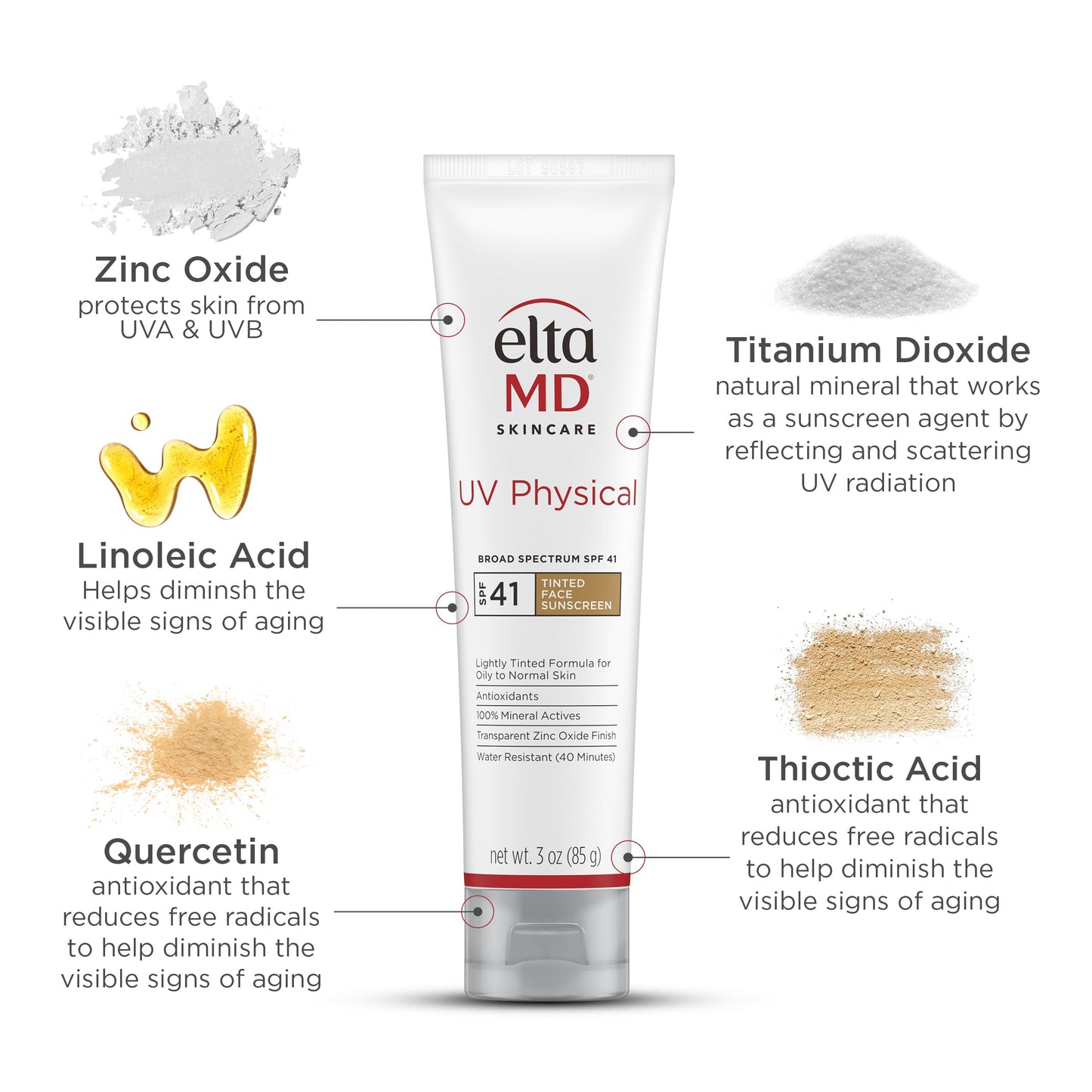 EltaMD UV Physical Tinted Mineral Sunscreen for Face - SPF 41 Tinted Sunscreen for Face, 100% Mineral Actives for Sensitive Skin, 3.0 oz Tube