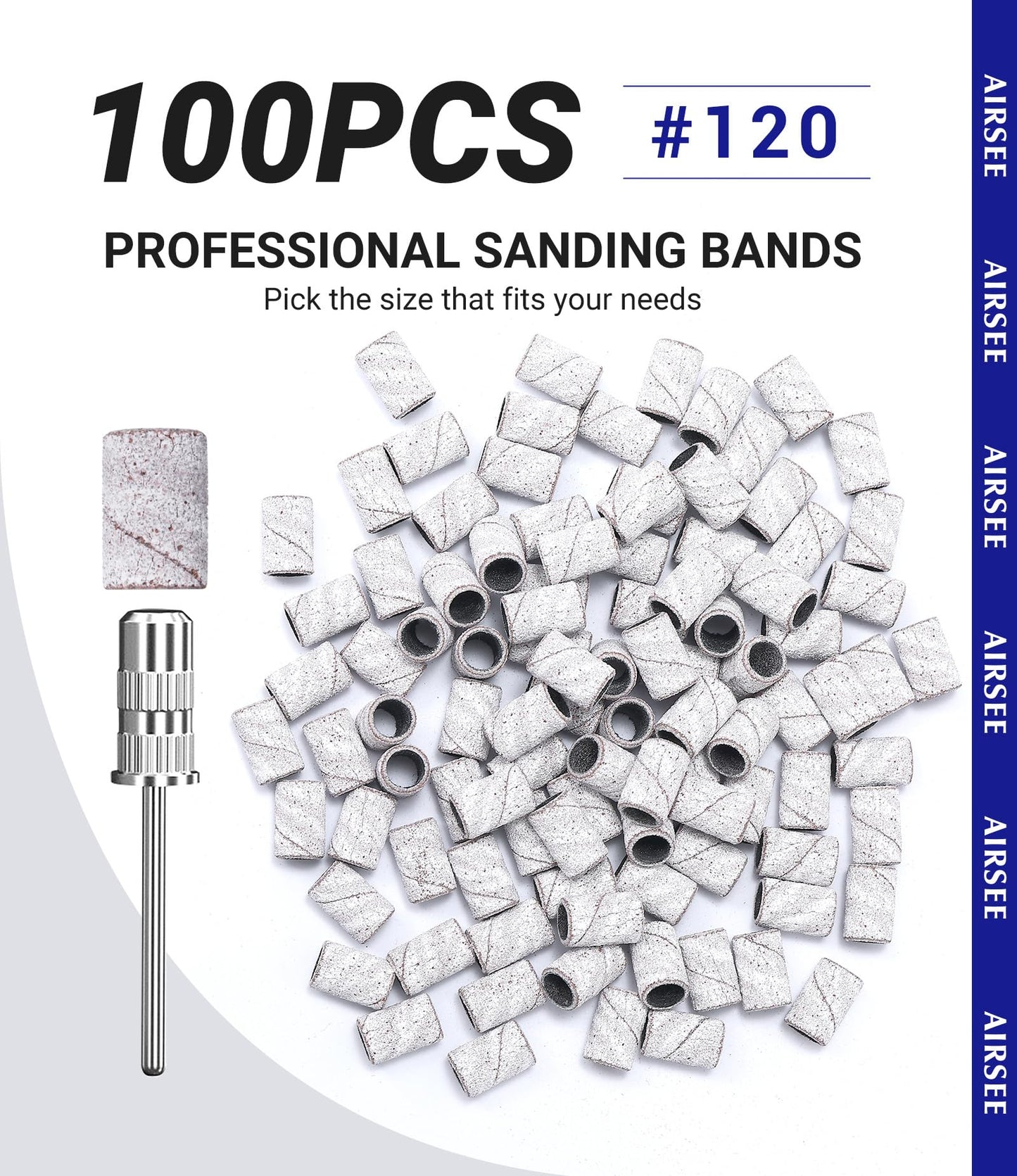 AIRSEE Sanding Bands for Electric Nail Drill 100 Piece Set 120 Grit Coarse Acrylic File Attachments Professional 1 Sander Mandrel Bit Beauty Salon Accessories Manicure and Pedicure Finger Callus Zebra