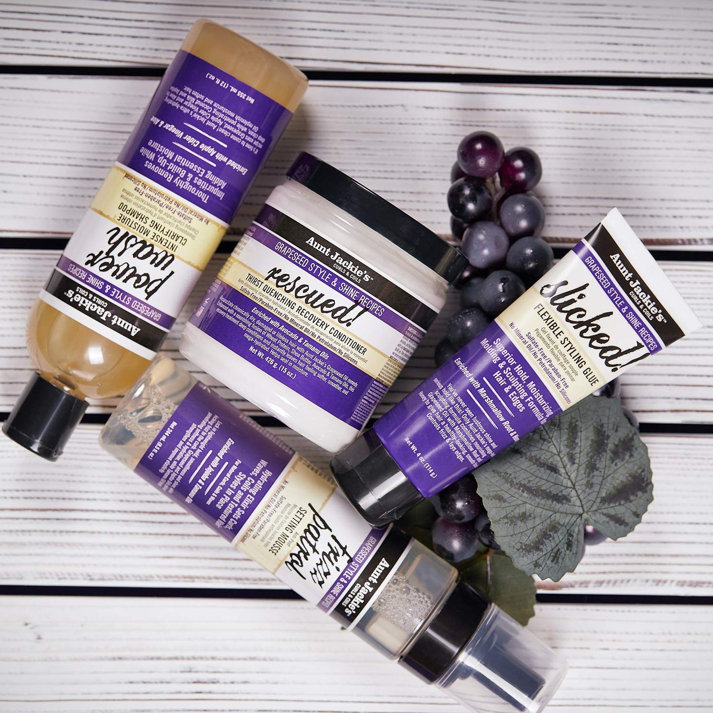 Aunt Jackie's Grapeseed Style and Shine Recipes Frizz Patrol Anti-Poof Setting Hair Mousse, Sets Curly Hair Styles in Place,Purple Fl.Oz 8.5 Ounce