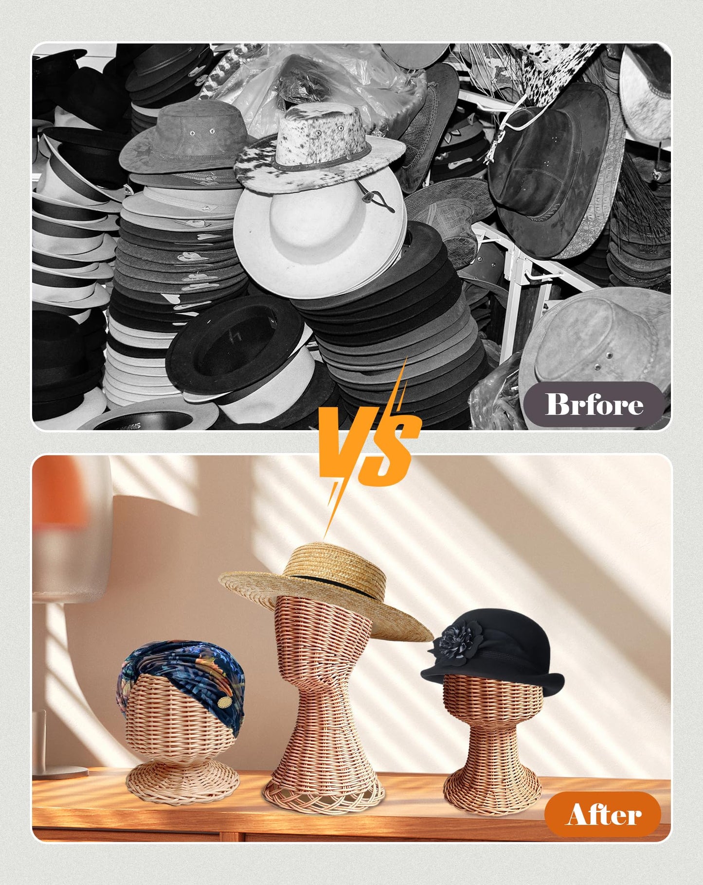 CHADWICK Mannequin Head Stand, Rattan Wig Stand, Hat & Wig Display Holder, Handmade Wicker Wig Head Stand, Vine Woven Hat Stands, Rustic Cap Rack for Home, Hair Salon, Showcase, Stable Base, Brown