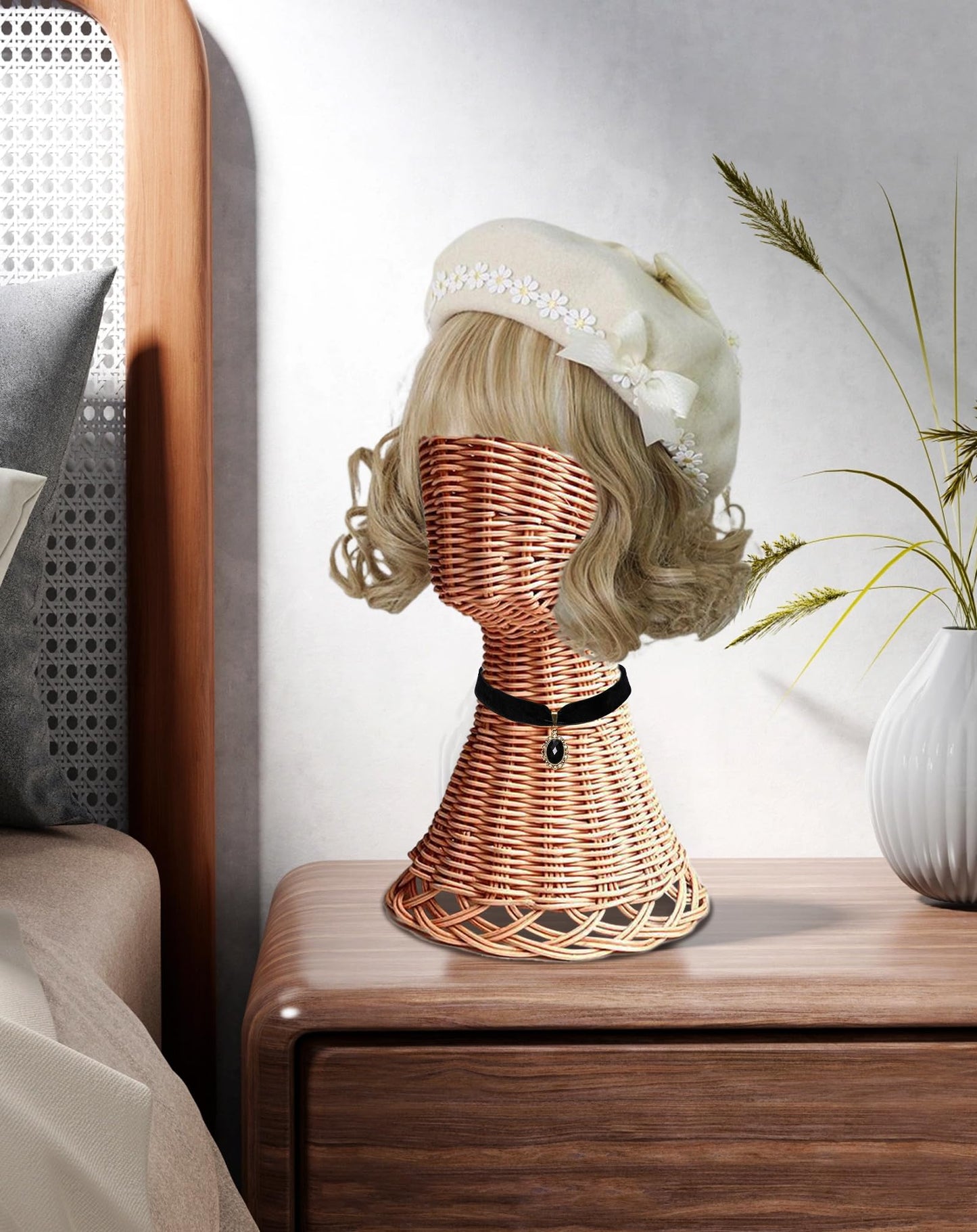 CHADWICK Mannequin Head Stand, Rattan Wig Stand, Hat & Wig Display Holder, Handmade Wicker Wig Head Stand, Vine Woven Hat Stands, Rustic Cap Rack for Home, Hair Salon, Showcase, Stable Base, Brown