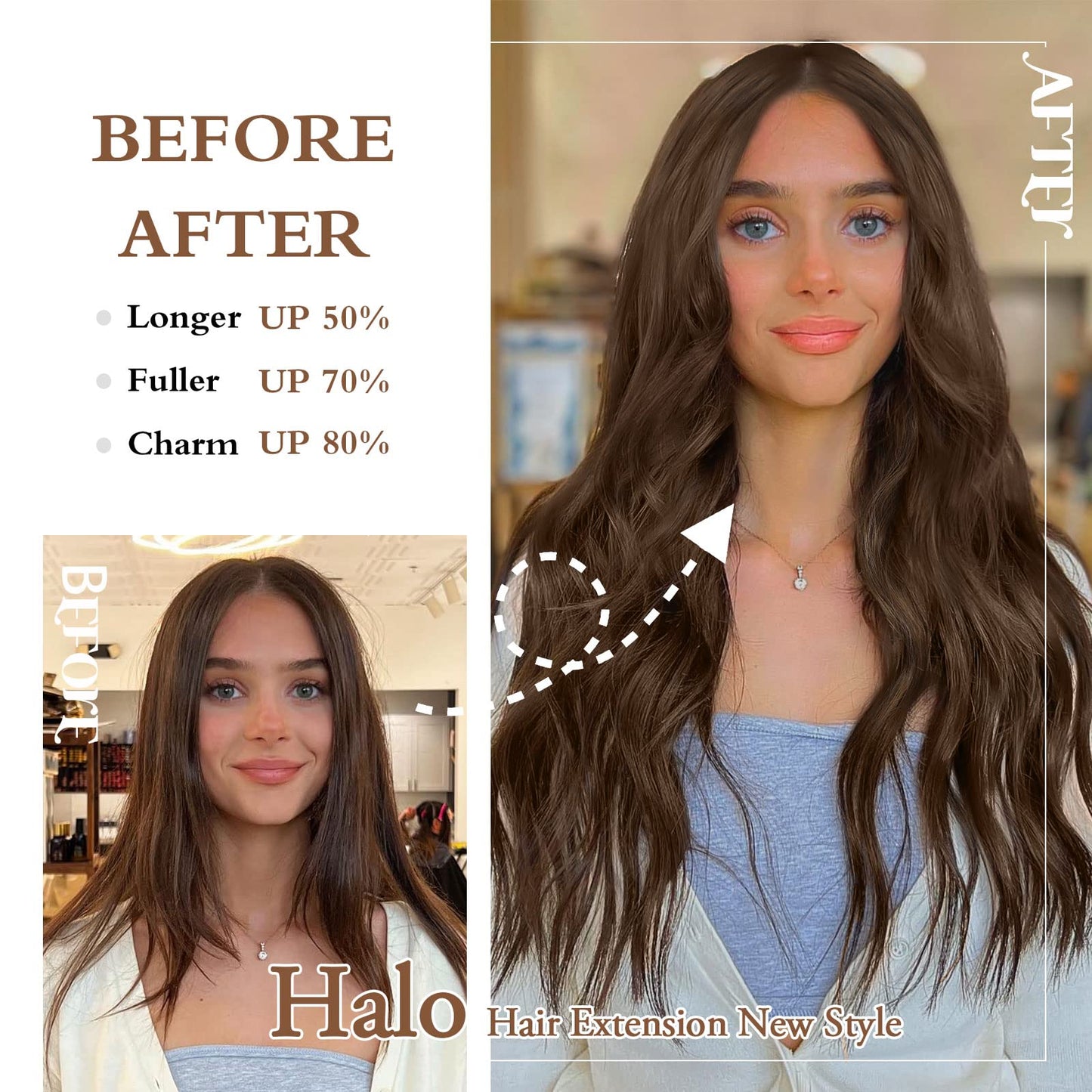 BUPPLER Halo Hair Extensions 20 Inch Invisible Wire Hair Extensions Adjustable Long Wavy Hair Extensions Synthetic Upgrade 4 Secure Clips in Hairpieces 20 Inch,Medium Brown