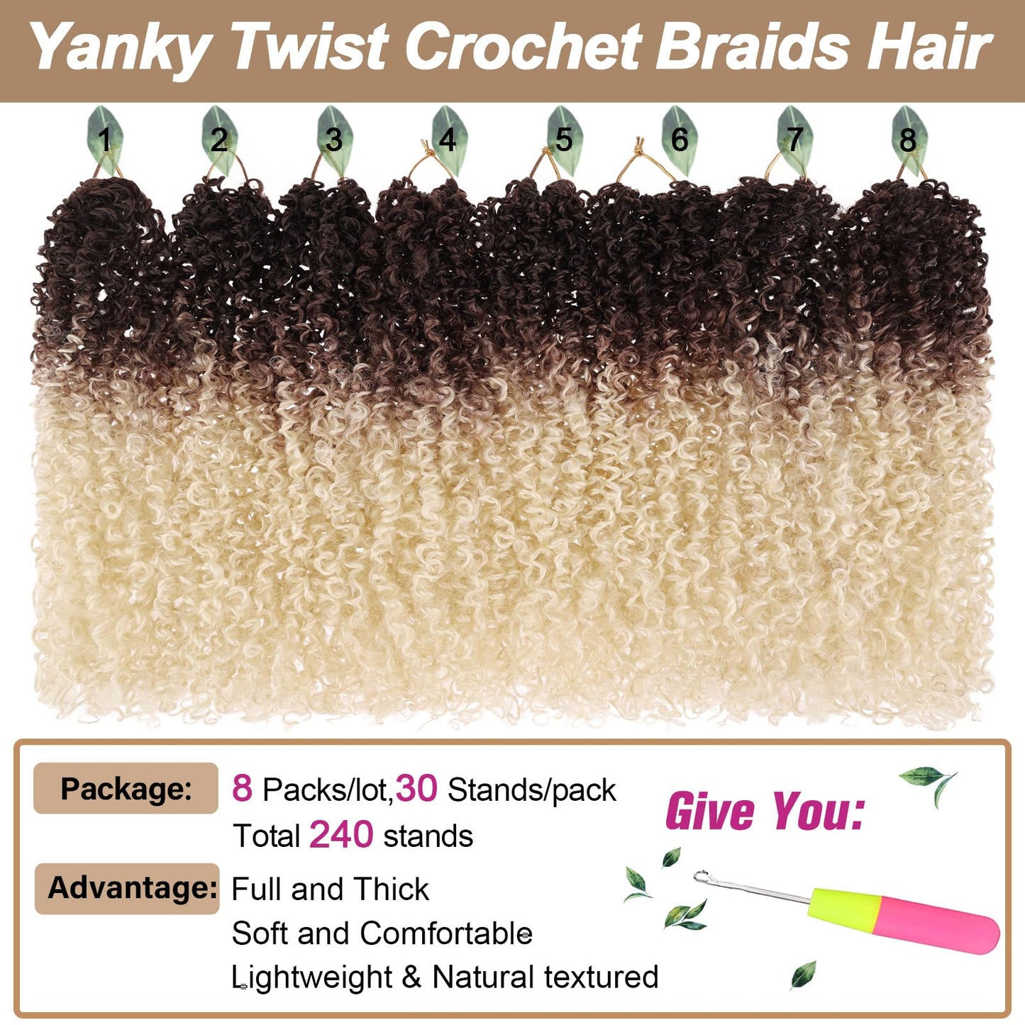 COOKOO 8 Inch Pre Looped Yanky Twist Crochet Hair 8 Packs Short Yanky Passion Twist Hair Bohemian Yanky Twists Crochet Hair Fluffy Mini Twist Crochet Hair Pre-twisted Curly Crochet Braiding Hair
