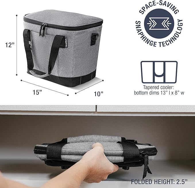 CleverMade Collapsible Cooler Bag 30 Can Beach & Travel Car Cooler, Folding Soft Cooler, Shoulder Strap, Bottle Opener, Great Car Coolers for Travel, Cleans Easy Leak Proof - Gray/Black Gray/Midnight