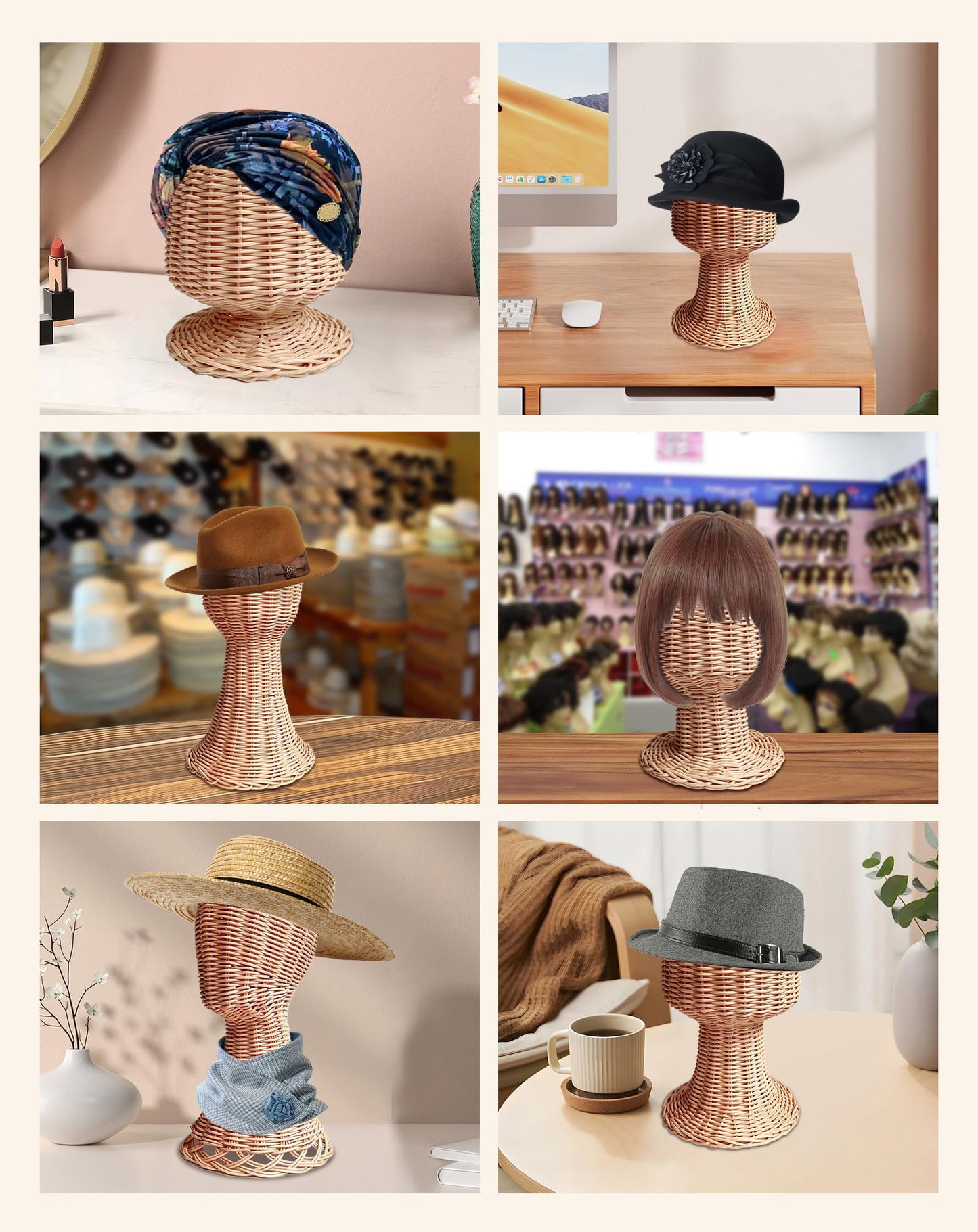 CHADWICK Mannequin Head Stand, Rattan Wig Stand, Hat & Wig Display Holder, Handmade Wicker Wig Head Stand, Vine Woven Hat Stands, Rustic Cap Rack for Home, Hair Salon, Showcase, Stable Base, Brown