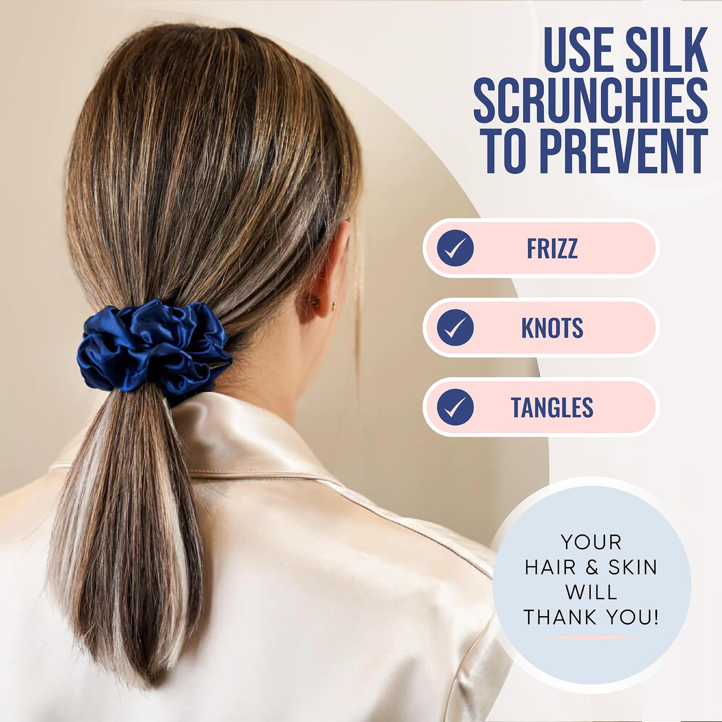 Blissy Silk Scrunchies (3 Pack) - 100% Pure Mulberry Silk - 22 Momme 6A High-Grade Fibers - Silk Scrunchie for Straight & Curly Hair - Preventing Breakage, Tangling, & Creasing (Blue Skinny)