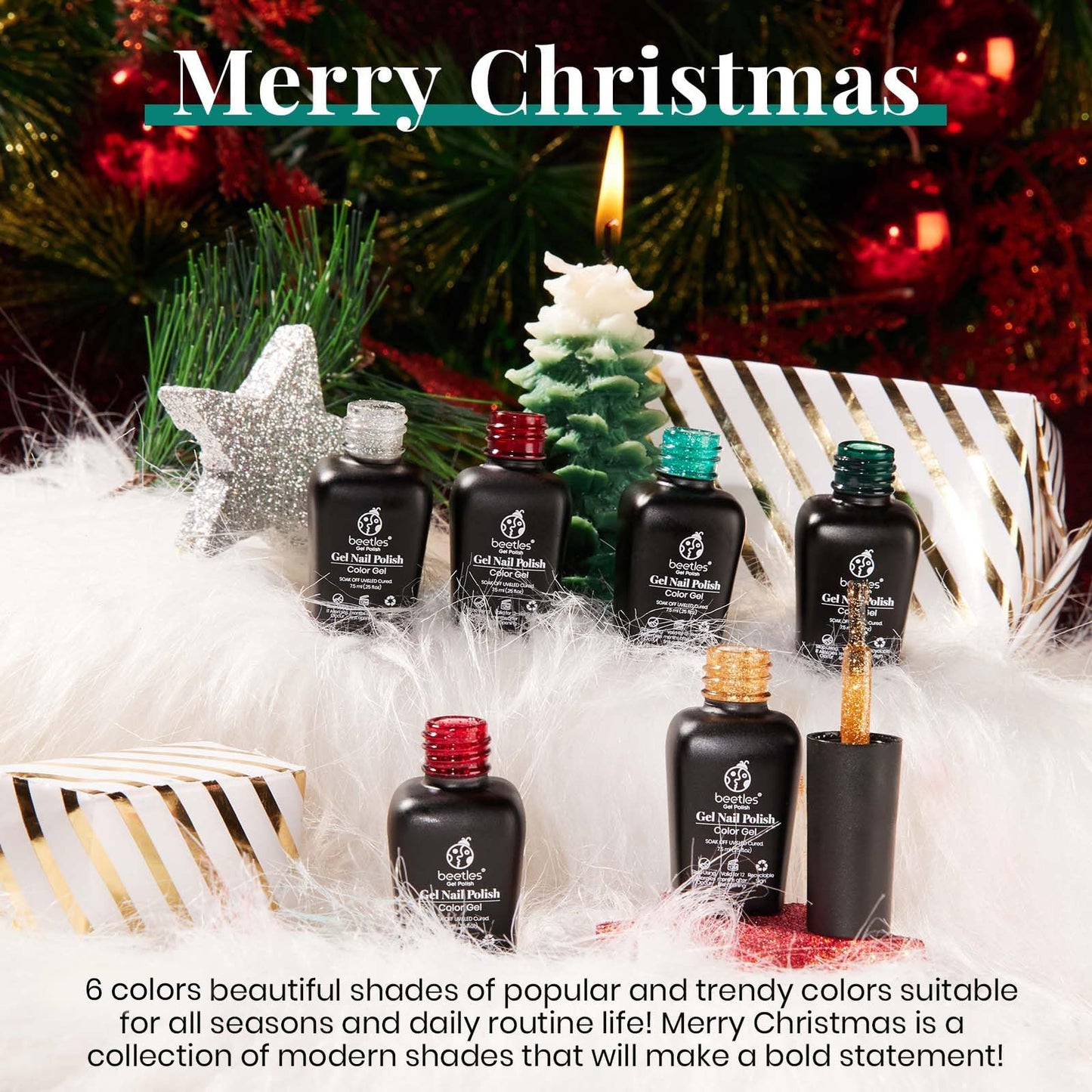 Beetles Gel Nail Polish, Red Sparkle Green Glitter Gold Silver Winter Gel Polish Dark Green Dark Red Gel Polish Kits Soak Off Nail Lamp Uv LED Cured for Nail Art Design for Women