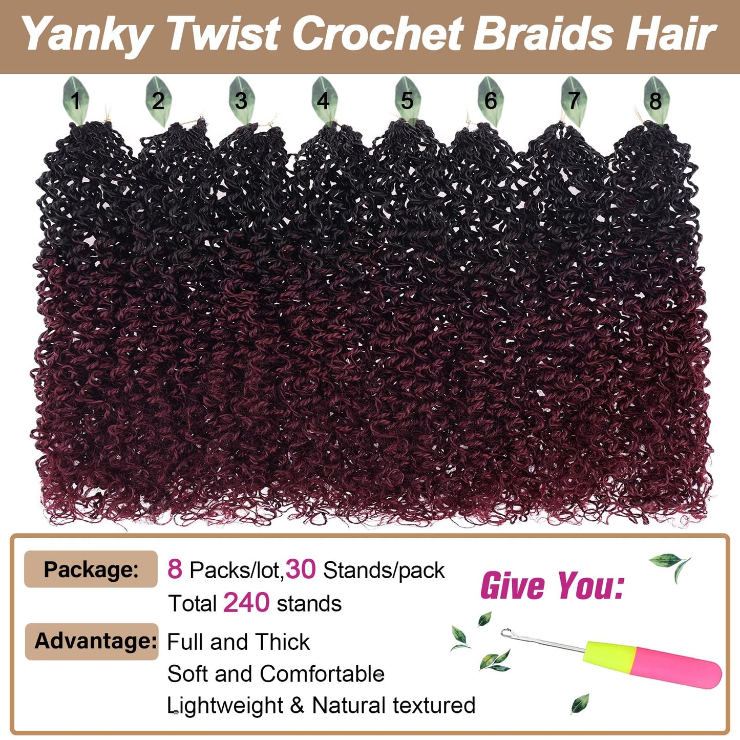 COOKOO 8 Packs 12 Inch Pre-twisted Synthetic Crochet Braiding Hair Ombre Burgundy Short Micro Passion Twists Braiding Hair Pre Looped Yanky Twist Crochet Hair Curly Ends for Women 1B/Bug