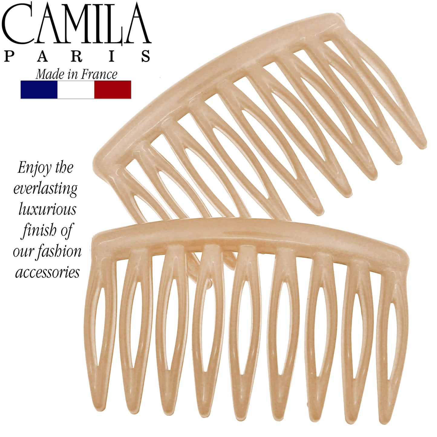 Camila Paris CP3109 French Hair Side Comb, Small, Curved Beige French Twist Hair Combs Decorative, Strong Hold Hair Clips for Women Bun Chignon Up-Do Styling Girls Hair Accessories, Made in France