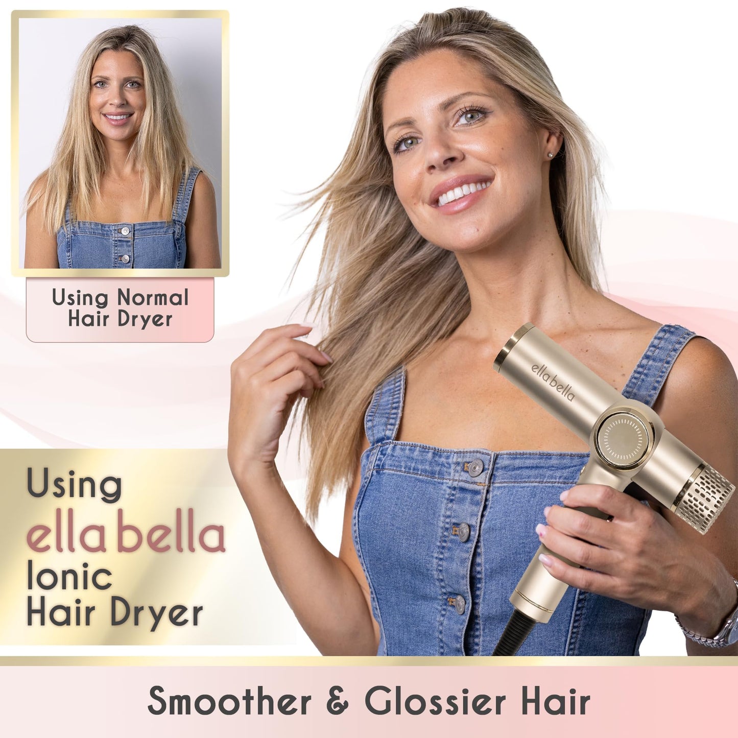 ELLA BELLA® Professional Ionic Hair Dryer with Diffuser • Negative Ion Blow Dryer • Suitable All Hair Types • Intelligent Heat Control & Rapid Drying Speeds • Lightweight Design • Low Noise Technology