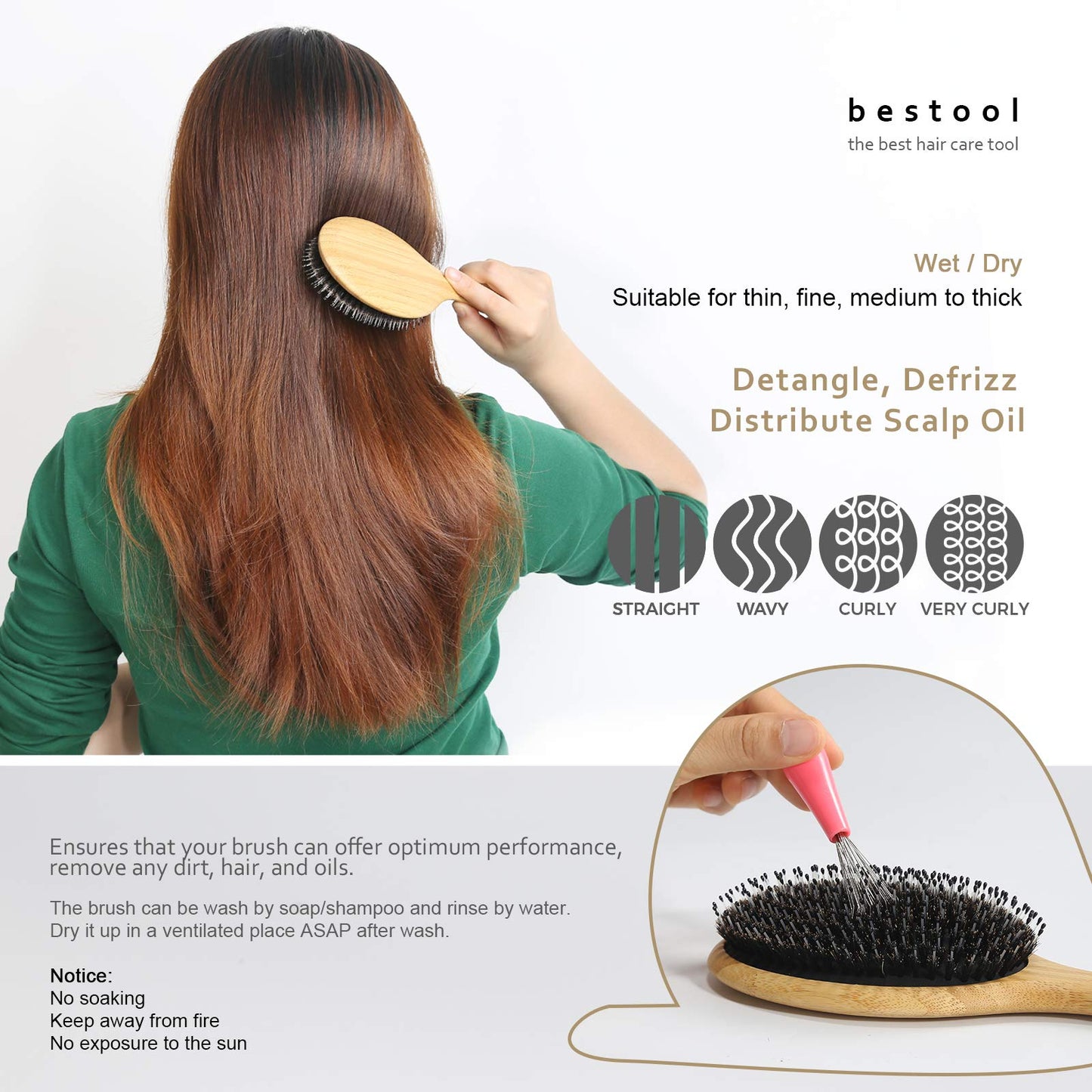 BESTOOL Hair Brush, Boar Bristle Hair Brushes for Women men Kid, Boar & Nylon Bristle Brush for Wet/Dry Hair Smoothing Massaging Detangling, Everyday Brush Enhance Shine & Health Natural