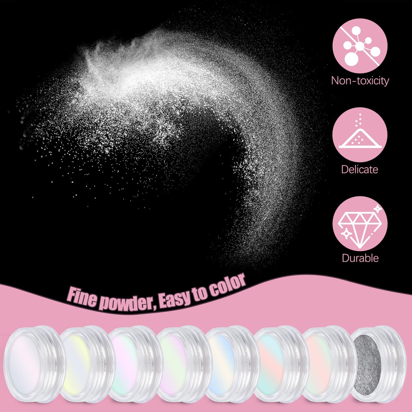 Artdone 8 Jars Chrome Nail Powder Magic White Pearl Kit Mirror Effect Silver Metallic Holographic Dip Nail Powder For Resin Craft & Nail Art Fimo, Decoration Iridescent Aurora Mermaid Pigment