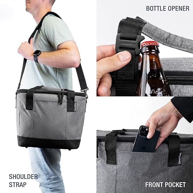 CleverMade Collapsible Cooler Bag 30 Can Beach & Travel Car Cooler, Folding Soft Cooler, Shoulder Strap, Bottle Opener, Great Car Coolers for Travel, Cleans Easy Leak Proof - Gray/Black Gray/Midnight
