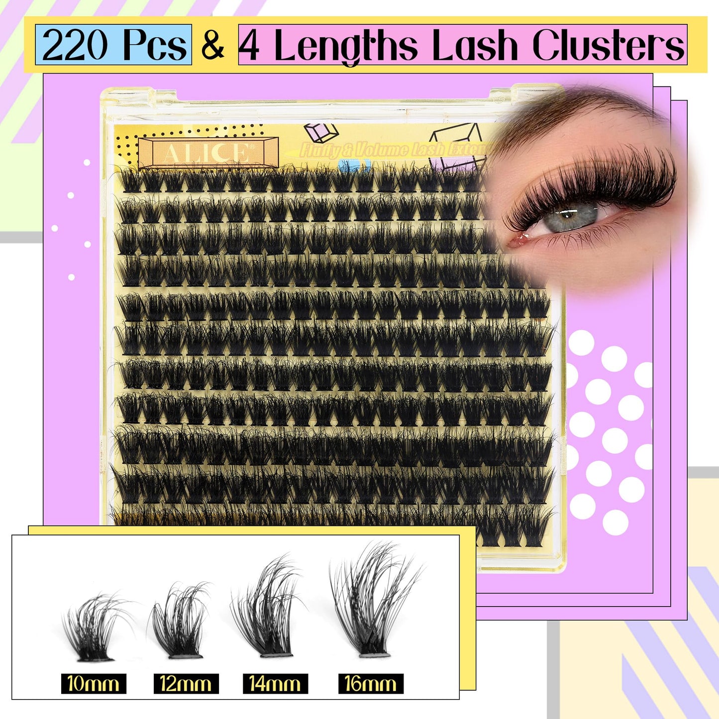 ALICE Fluffy Volume Lash Clusters Kit Lash Extension Kit Thick 3D Wispy DIY Eyelash Extension Kit with 220Pcs Mink Look Individual Lashes, Lash Bond and Remover,Tweezers(10-16mm,0.05D, D Curl)