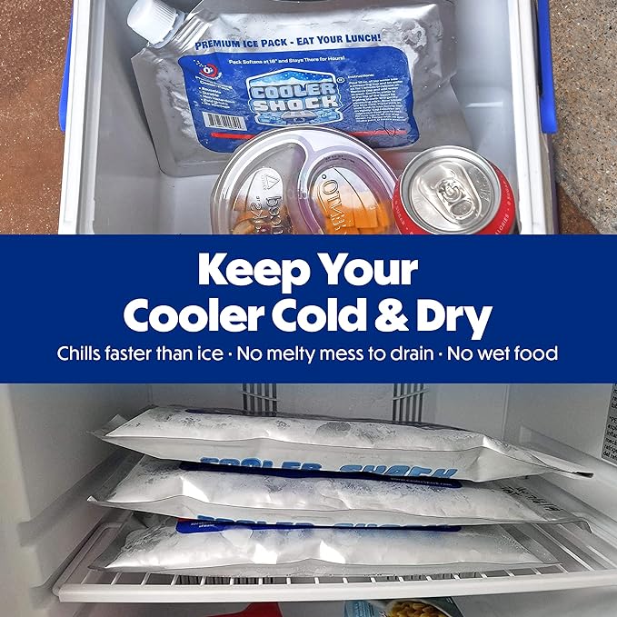 Cooler Shock Reusable Ice Packs for Cooler - Long Lasting Cold Freezer Packs for Coolers and Lunch Boxes - Cooler Ice Packs for Camping Gear, Fishing, Road Trips, Beach Must Haves