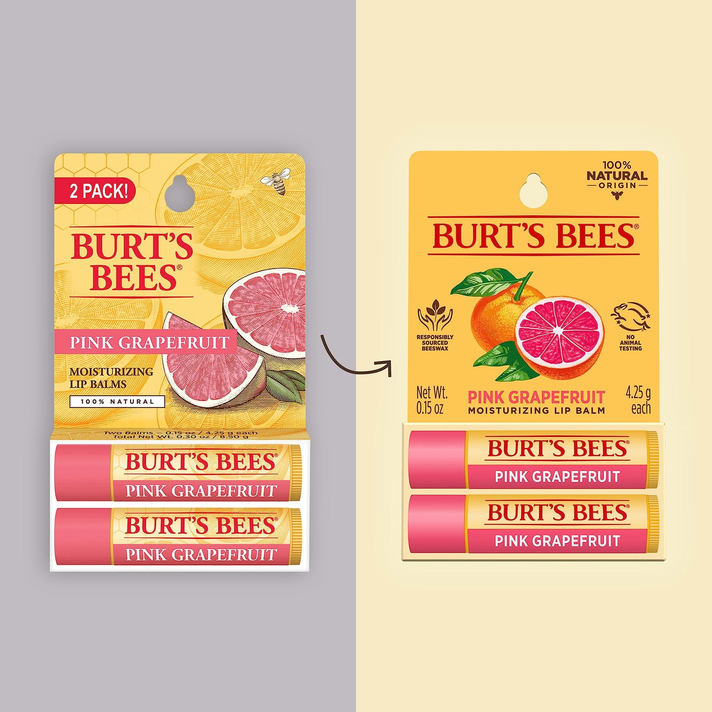 Burt's Bees Lip Balm - Pink Grapefruit, Lip Moisturizer With Responsibly Sourced Beeswax, Tint-Free, Natural Origin Conditioning Treatment, 2 Tubes, 0.15 oz.