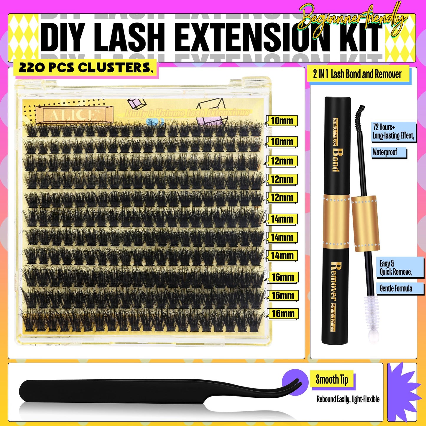 ALICE Fluffy Volume Lash Clusters Kit Lash Extension Kit Thick 3D Wispy DIY Eyelash Extension Kit with 220Pcs Mink Look Individual Lashes, Lash Bond and Remover,Tweezers(10-16mm,0.05D, D Curl)
