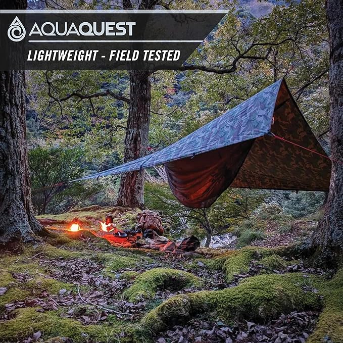 AquaQuest Safari Camping Tarp - Lightweight Durable Rain Fly - Waterproof Camping Essentials for Hiking, Backpacking & Hammock, 15 x 15 ft, Woodland Camo