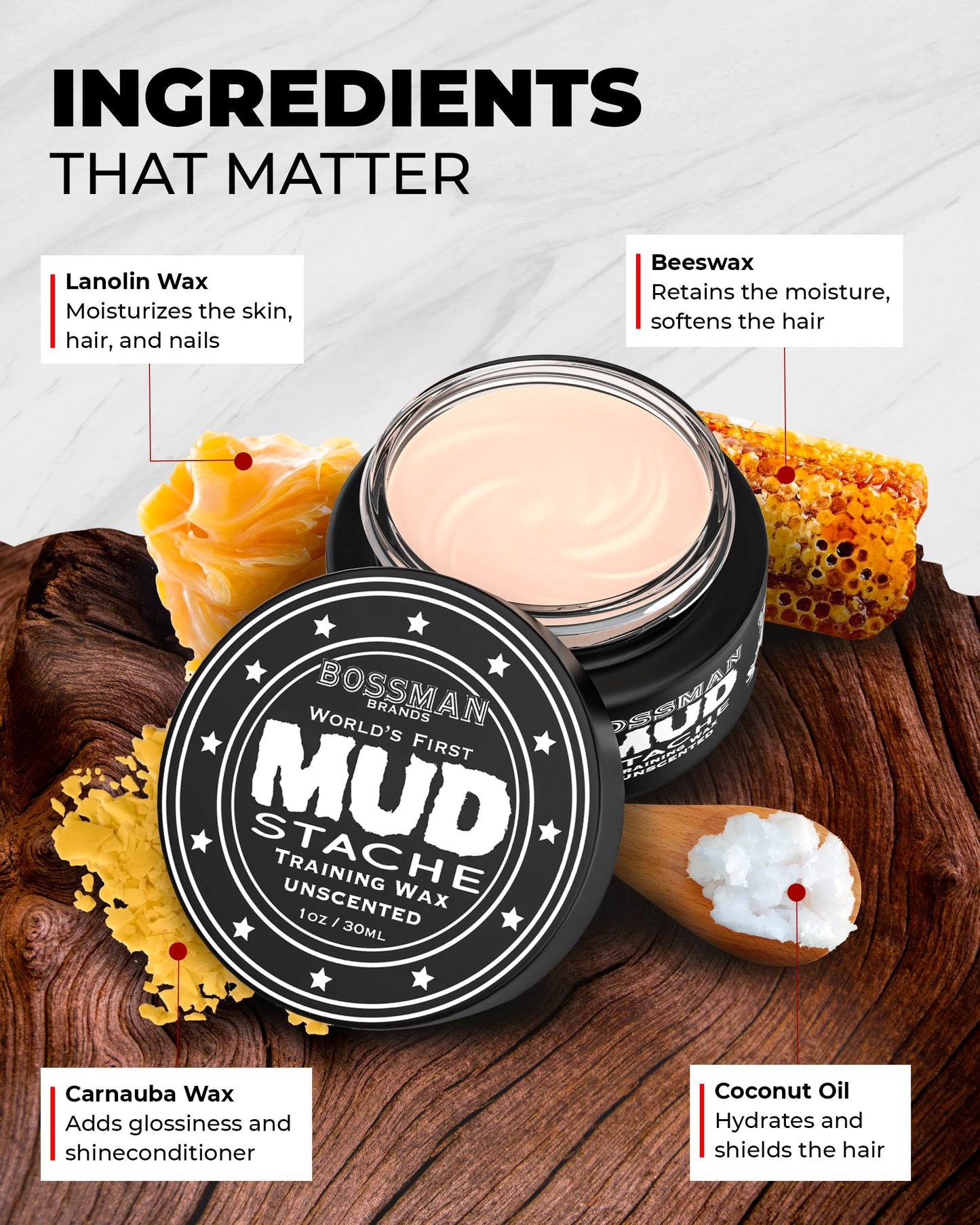 Bossman MUDstache Unscented Mustache Wax for Men (1 oz) - 2 Pack - Strong 24-Hour Hold, Non-Tacky & Easy to Apply for Taming & Styling