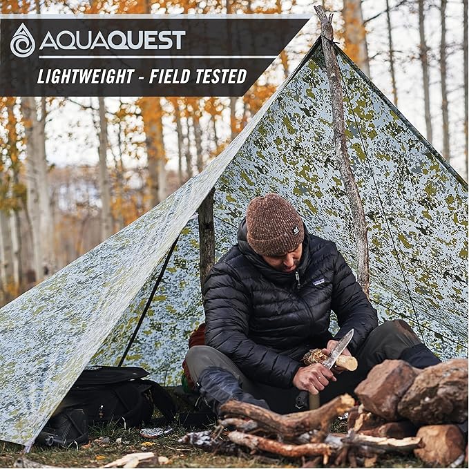 AquaQuest Safari Camping Tarp - Lightweight Durable Rain Fly - Waterproof Camping Essentials for Hiking, Backpacking & Hammock, 10 x 7 ft, Boulder Camo