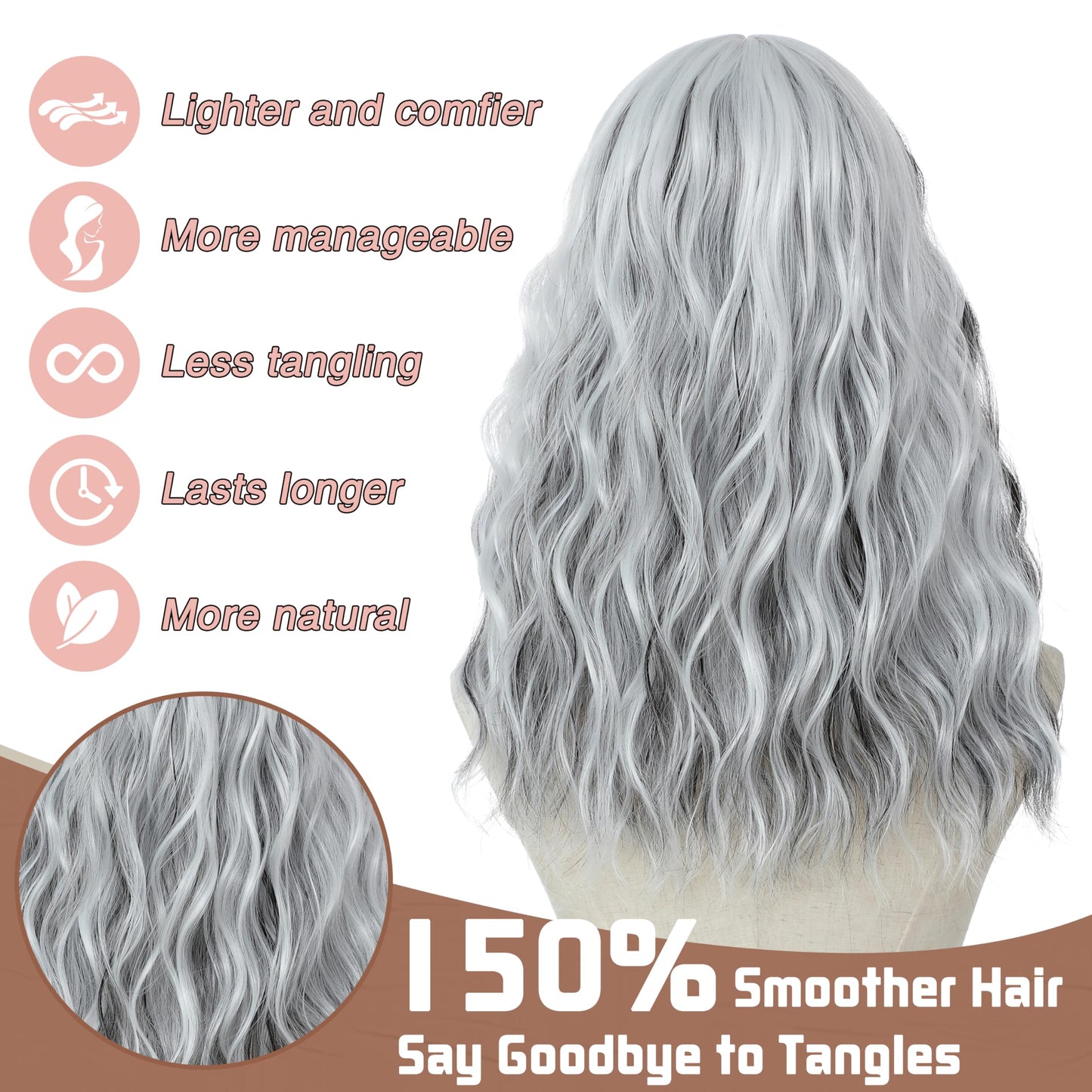 BUPPLER Black and White Wig 18 Inch Medium Length Wigs for Women Middle Part Synthetic Hair Wavy Wig with Upgraded Strands,Natural Hair Wigs for Daily Party/Halloween Use 18Inch,Black and White