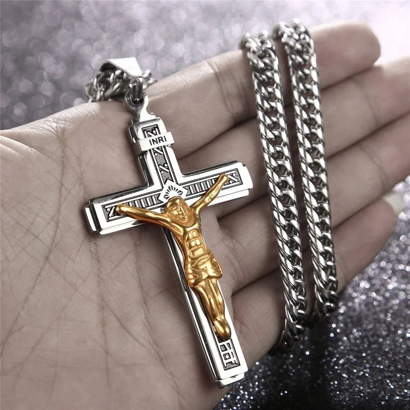 Vintage Jesus Cross Pendant Men and Women Amulet Necklace Catholic Christian Religious Prayer Jewelry Gift