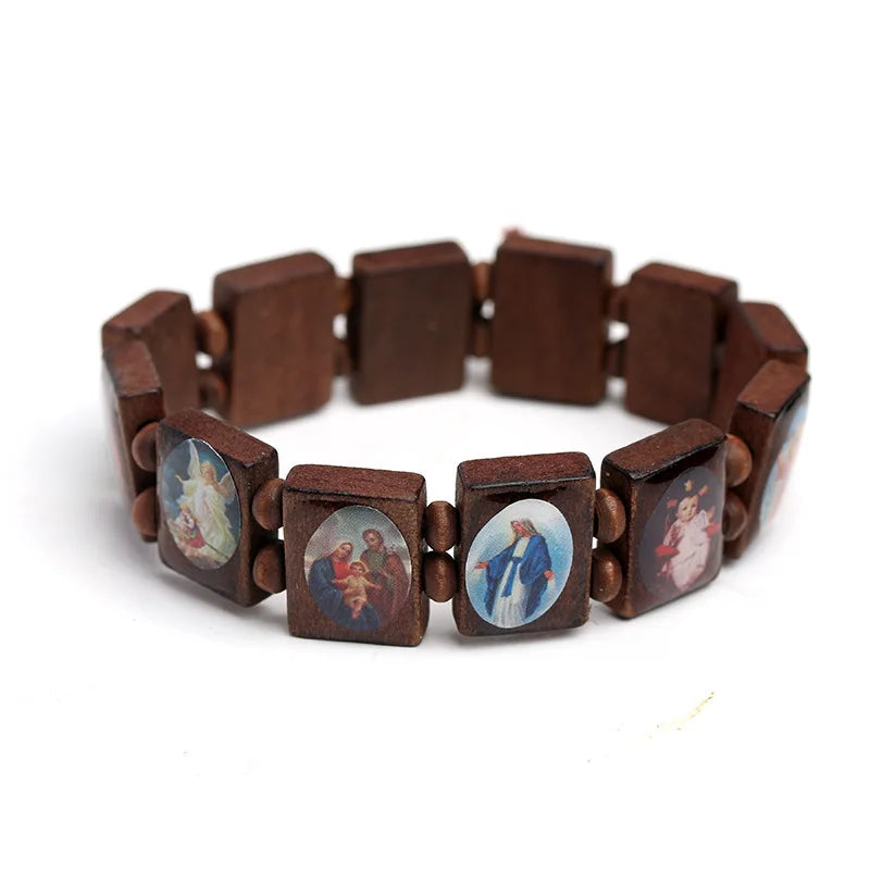 Natural Wooden Catholic Jewelry Virgin Mary Jesus Christian Faith Rosary Bracelet Religious Jewelry Wholesale