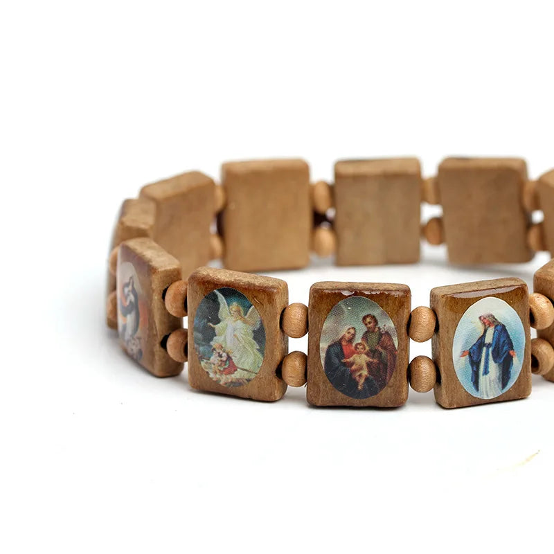 Natural Wooden Catholic Jewelry Virgin Mary Jesus Christian Faith Rosary Bracelet Religious Jewelry Wholesale