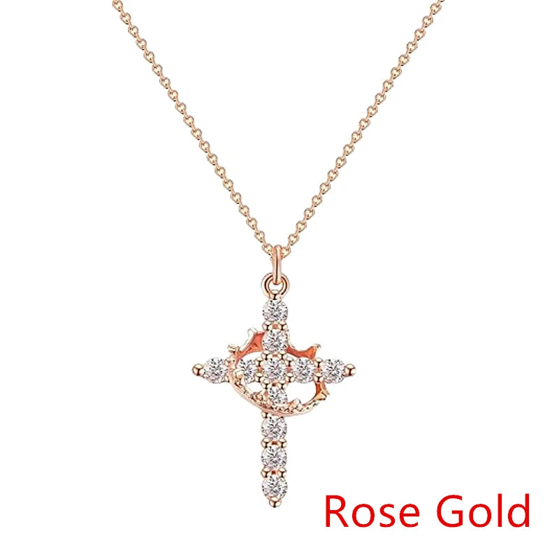 Rotatable Crown Rhinestone Cross Choker Necklace Earrings Rings for Women Minimalist Cross Chain Christian Jewelry Prayer Gift
