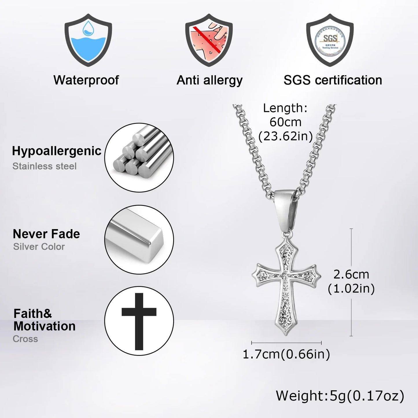 Hip Hop Cross Necklace for Men Women,50/55/60cm Stainless Steel Chic Cross Pendant,Christian Classic Jewelry Gifts