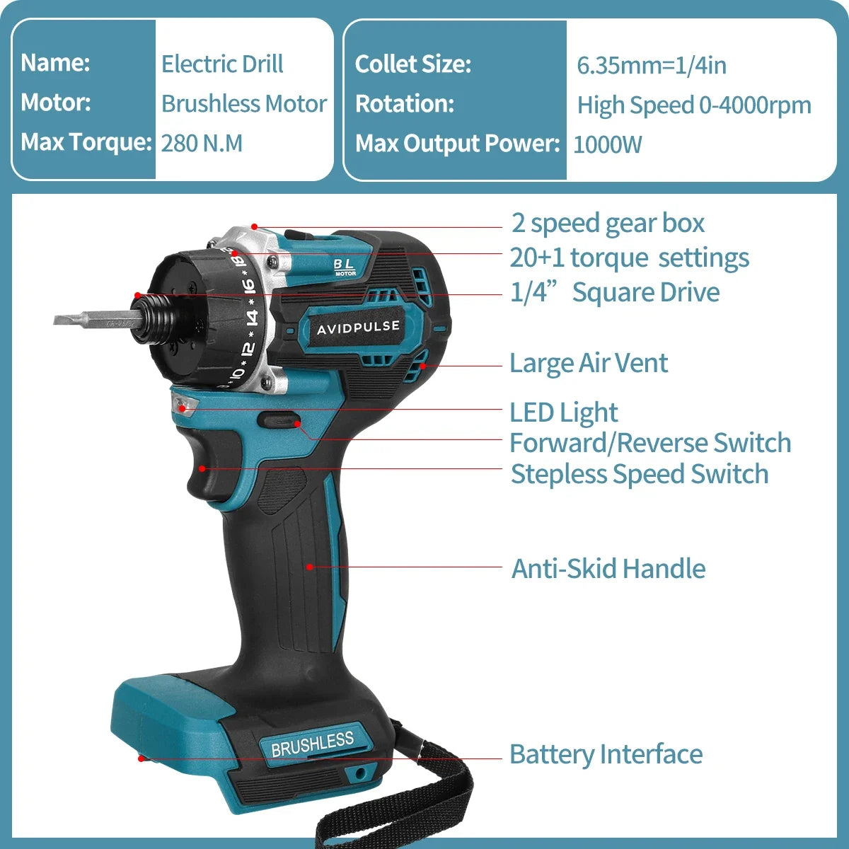 AvidPulse Brushless Cordless Electric Drill