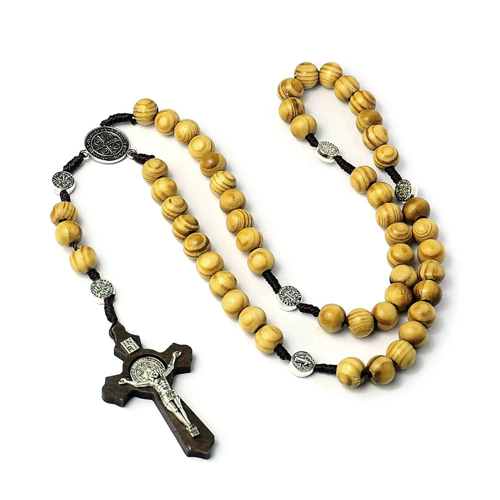 10MM Wood Beads Rosary Cross Necklace For Women Men Christian Virgin Mary INRI Pendant Chain Fashion Religion Jewelry