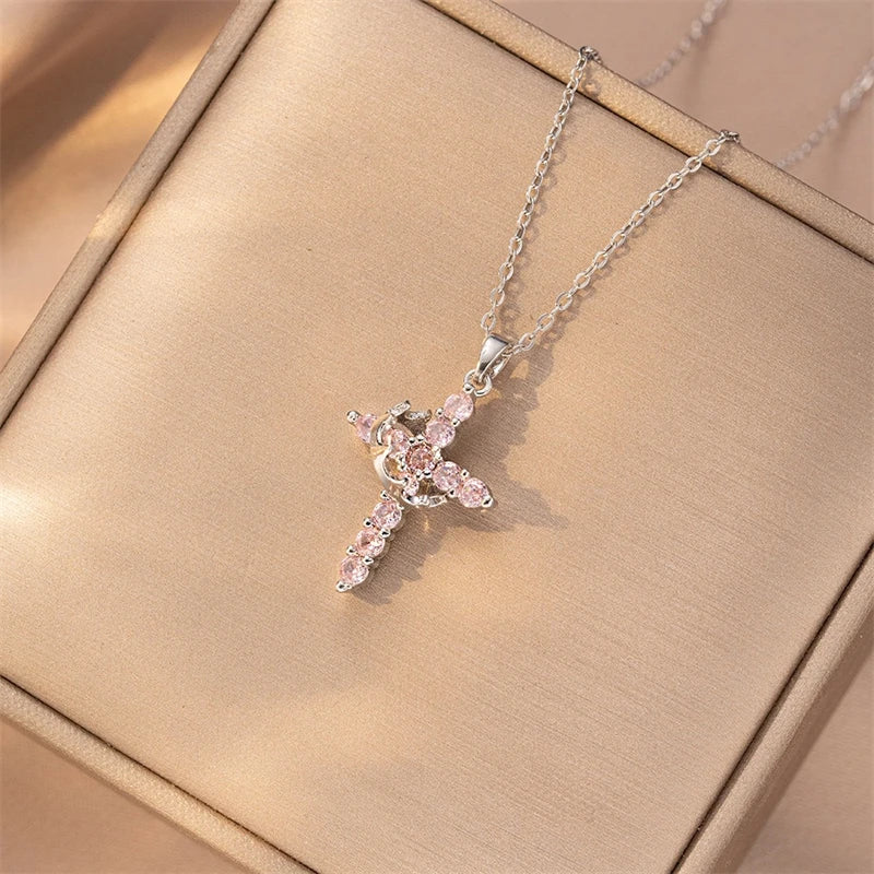 Rotatable Crown Rhinestone Cross Choker Necklace Earrings Rings for Women Minimalist Cross Chain Christian Jewelry Prayer Gift
